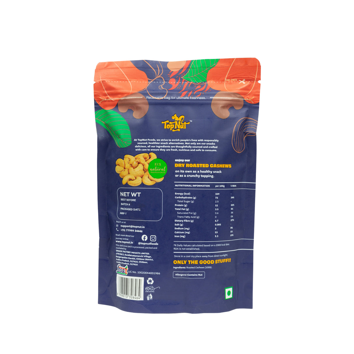 Top Nut Dry Roasted Cashews 100G