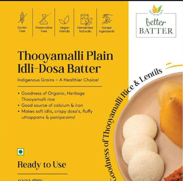Advertisement for Thooyamalli Plain Idli-Dosa Batter with product details and branding on a yellow background.
