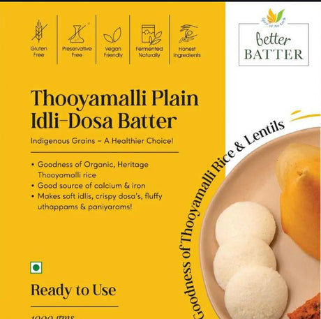 Advertisement for Thooyamalli Plain Idli-Dosa Batter with product details and branding on a yellow background.