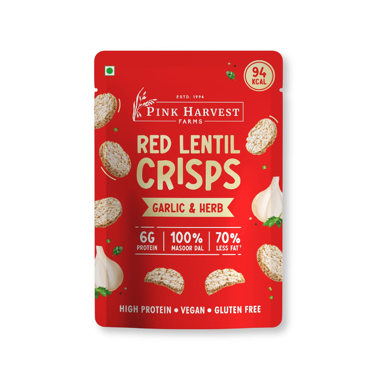 Pink Harvest Red Lentil Crisps Garlic&Herb 25g
